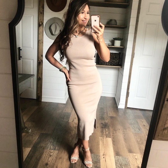 New Nude Taupe Sleeveless Midi Sweater Dress - Picture 5 of 12